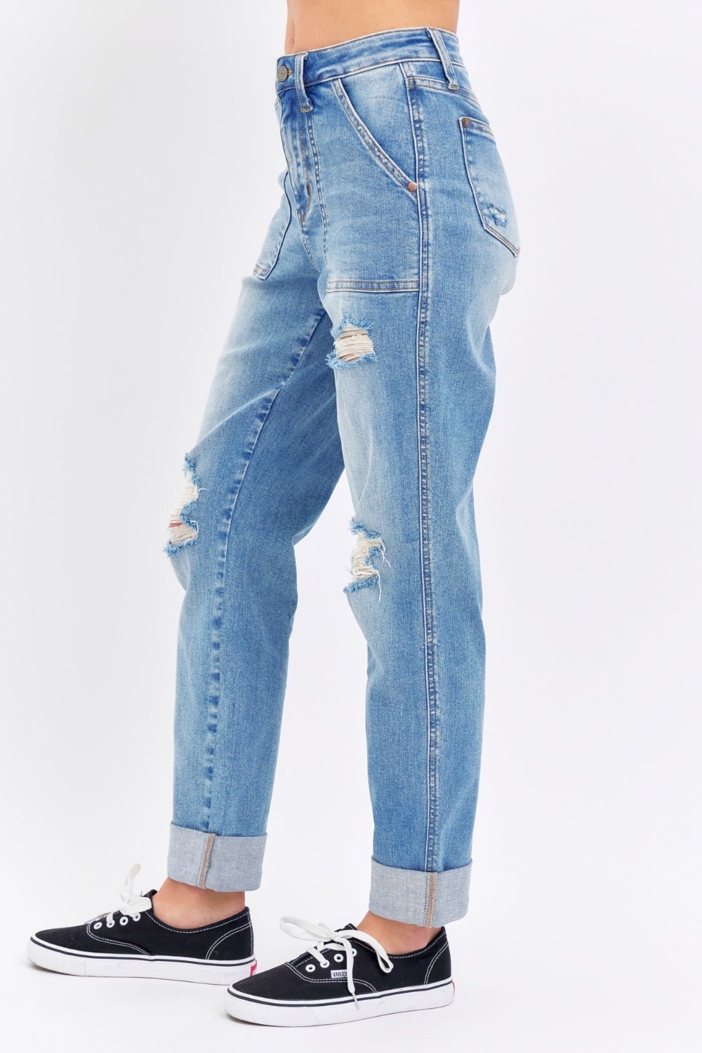 Judy Blue Full Size Distressed Straight Jeans with Patch Pockets - Roaming Gypsy Boutique