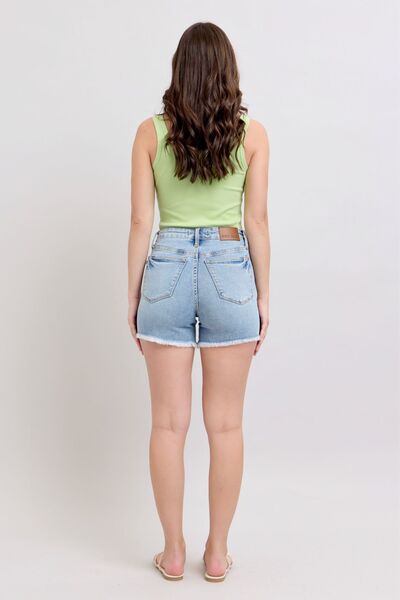Judy Blue Full Size Tummy Control Raw Hem Denim Shorts Plus Size - Roaming Gypsy Boutique