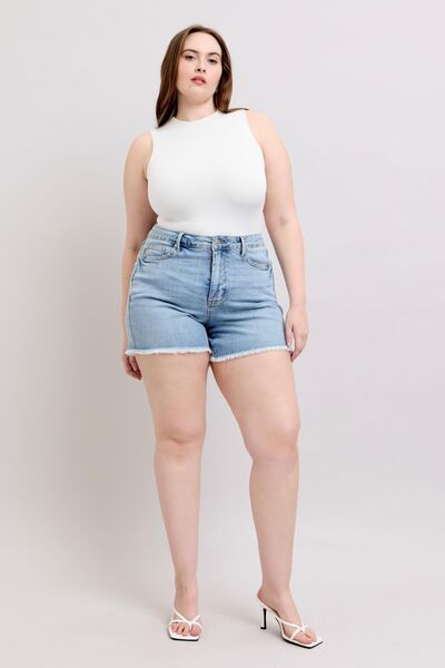 Judy Blue Full Size Tummy Control Raw Hem Denim Shorts Plus Size - Roaming Gypsy Boutique