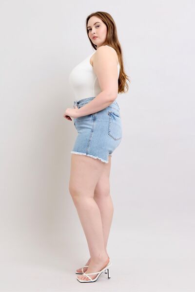 Judy Blue Full Size Tummy Control Raw Hem Denim Shorts Plus Size - Roaming Gypsy Boutique