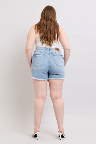 Judy Blue Full Size Tummy Control Raw Hem Denim Shorts Plus Size - Roaming Gypsy Boutique