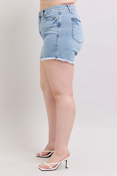 Judy Blue Full Size Tummy Control Raw Hem Denim Shorts Plus Size - Roaming Gypsy Boutique