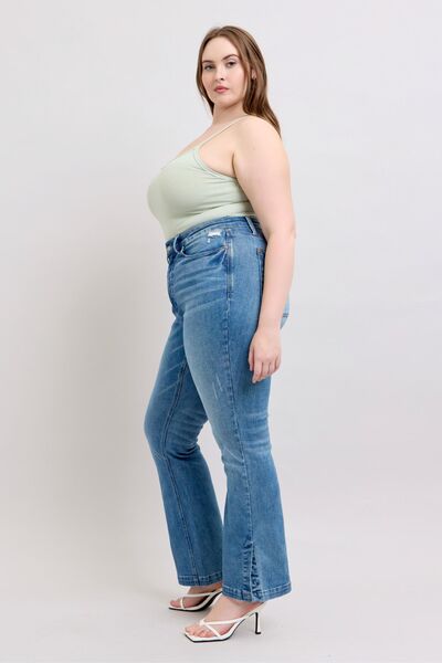 Judy Blue HW Tummy Control Vintage Wash Side Slit Slim Boot Jeans - Roaming Gypsy Boutique