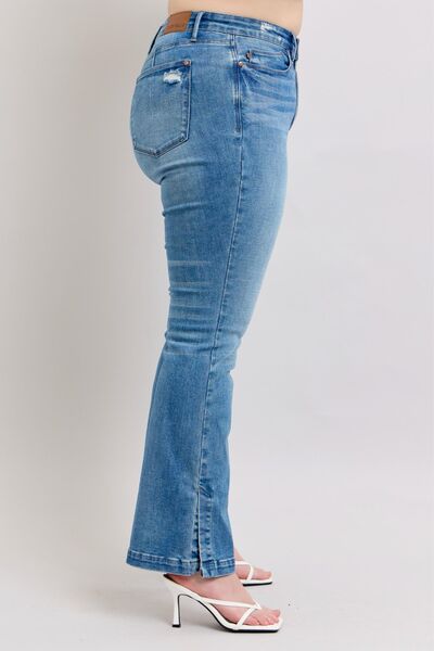 Judy Blue HW Tummy Control Vintage Wash Side Slit Slim Boot Jeans - Roaming Gypsy Boutique