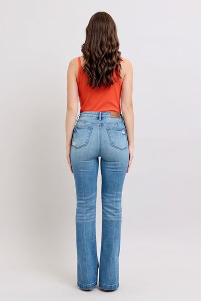 Judy Blue HW Tummy Control Vintage Wash Side Slit Slim Boot Jeans - Roaming Gypsy Boutique