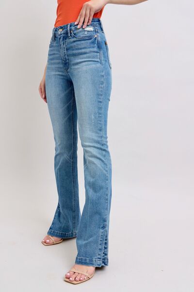 Judy Blue HW Tummy Control Vintage Wash Side Slit Slim Boot Jeans - Roaming Gypsy Boutique