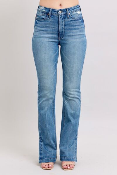 Judy Blue HW Tummy Control Vintage Wash Side Slit Slim Boot Jeans - Roaming Gypsy Boutique