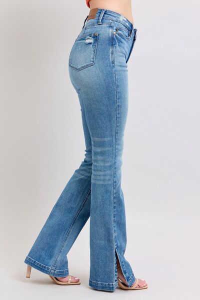 Judy Blue HW Tummy Control Vintage Wash Side Slit Slim Boot Jeans - Roaming Gypsy Boutique