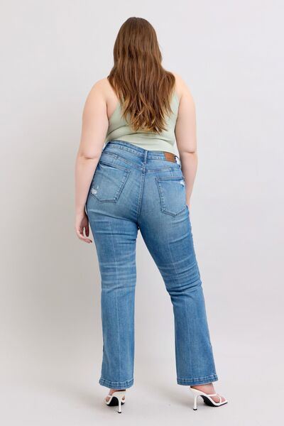 Judy Blue HW Tummy Control Vintage Wash Side Slit Slim Boot Jeans - Roaming Gypsy Boutique