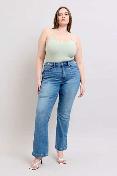 Judy Blue HW Tummy Control Vintage Wash Side Slit Slim Boot Jeans - Roaming Gypsy Boutique