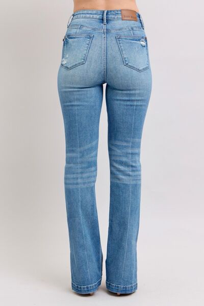 Judy Blue HW Tummy Control Vintage Wash Side Slit Slim Boot Jeans - Roaming Gypsy Boutique