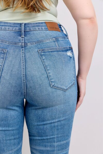 Judy Blue HW Tummy Control Vintage Wash Side Slit Slim Boot Jeans - Roaming Gypsy Boutique