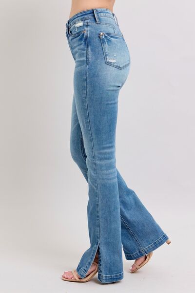 Judy Blue HW Tummy Control Vintage Wash Side Slit Slim Boot Jeans - Roaming Gypsy Boutique