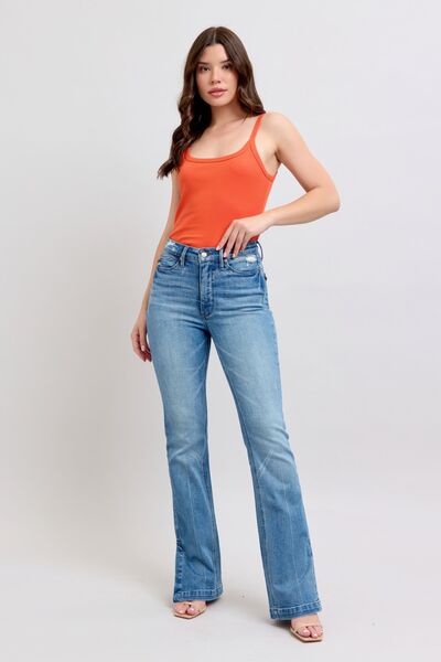 Judy Blue HW Tummy Control Vintage Wash Side Slit Slim Boot Jeans - Roaming Gypsy Boutique