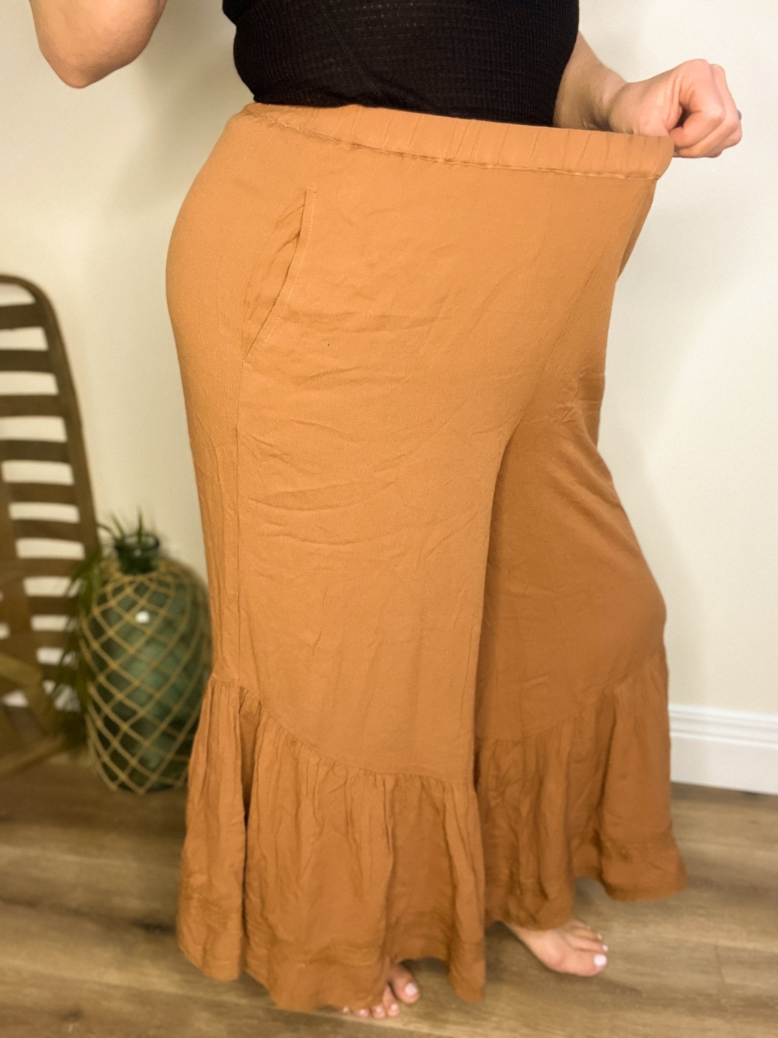 Mittoshop Lace Ruffle Asymmetric Hem Wide Leg Pants - Roaming Gypsy Boutique