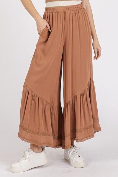 Mittoshop Lace Ruffle Asymmetric Hem Wide Leg Pants - Roaming Gypsy Boutique