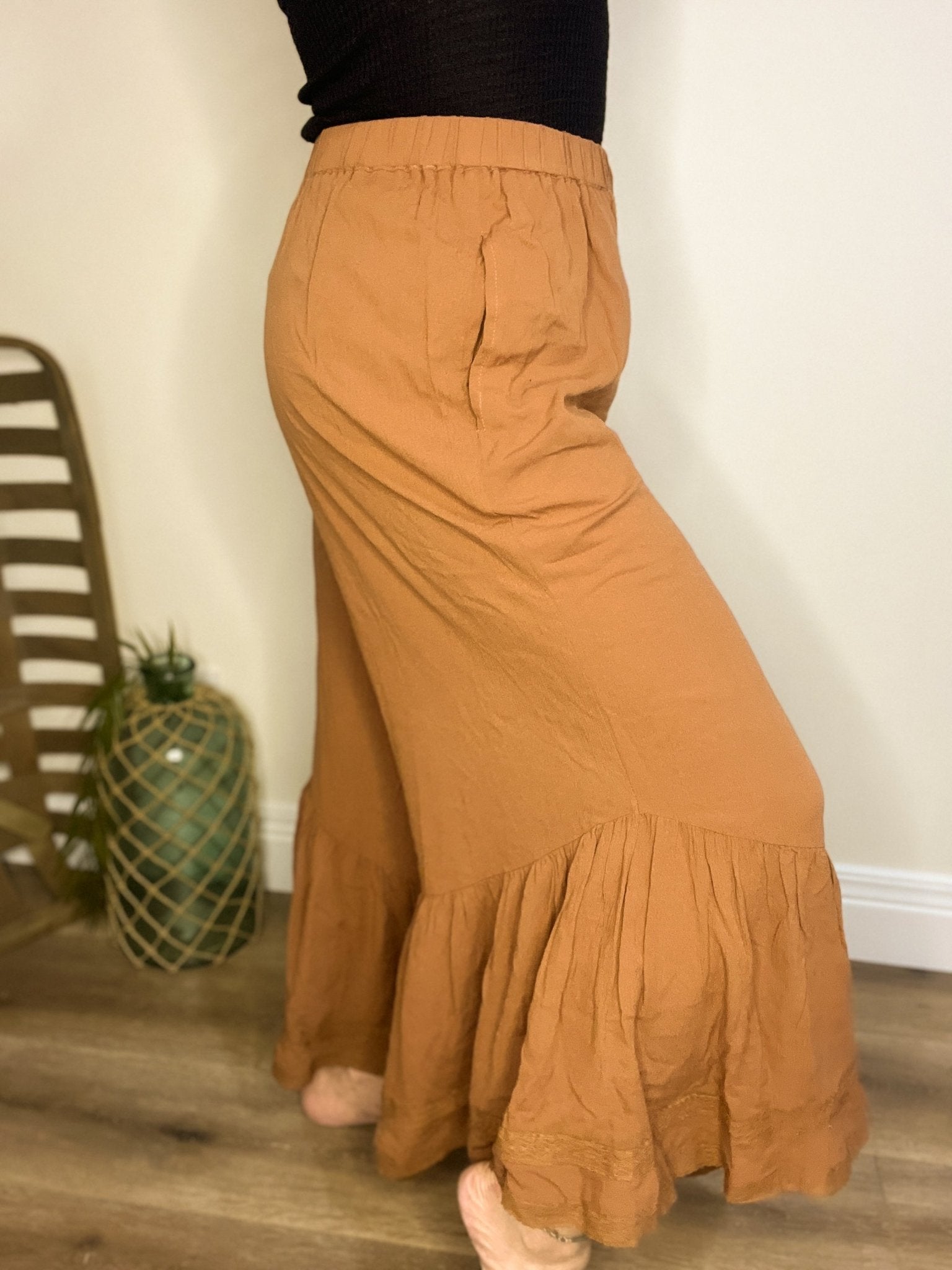 Mittoshop Lace Ruffle Asymmetric Hem Wide Leg Pants - Roaming Gypsy Boutique