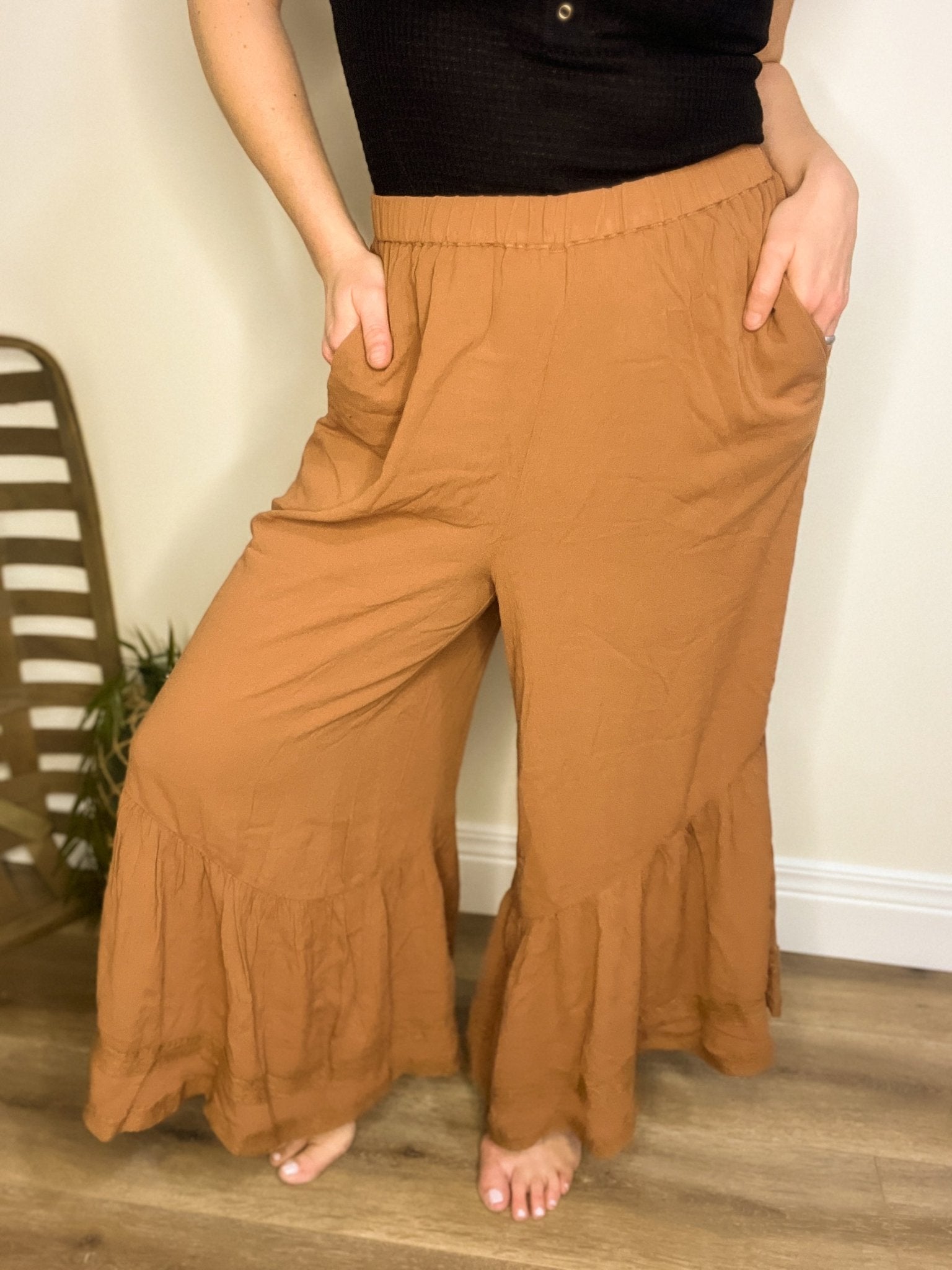 Mittoshop Lace Ruffle Asymmetric Hem Wide Leg Pants - Roaming Gypsy Boutique