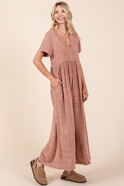 Mittoshop Mineral Wash Short Sleeve Flowy Wide Leg Jumpsuit - Roaming Gypsy Boutique