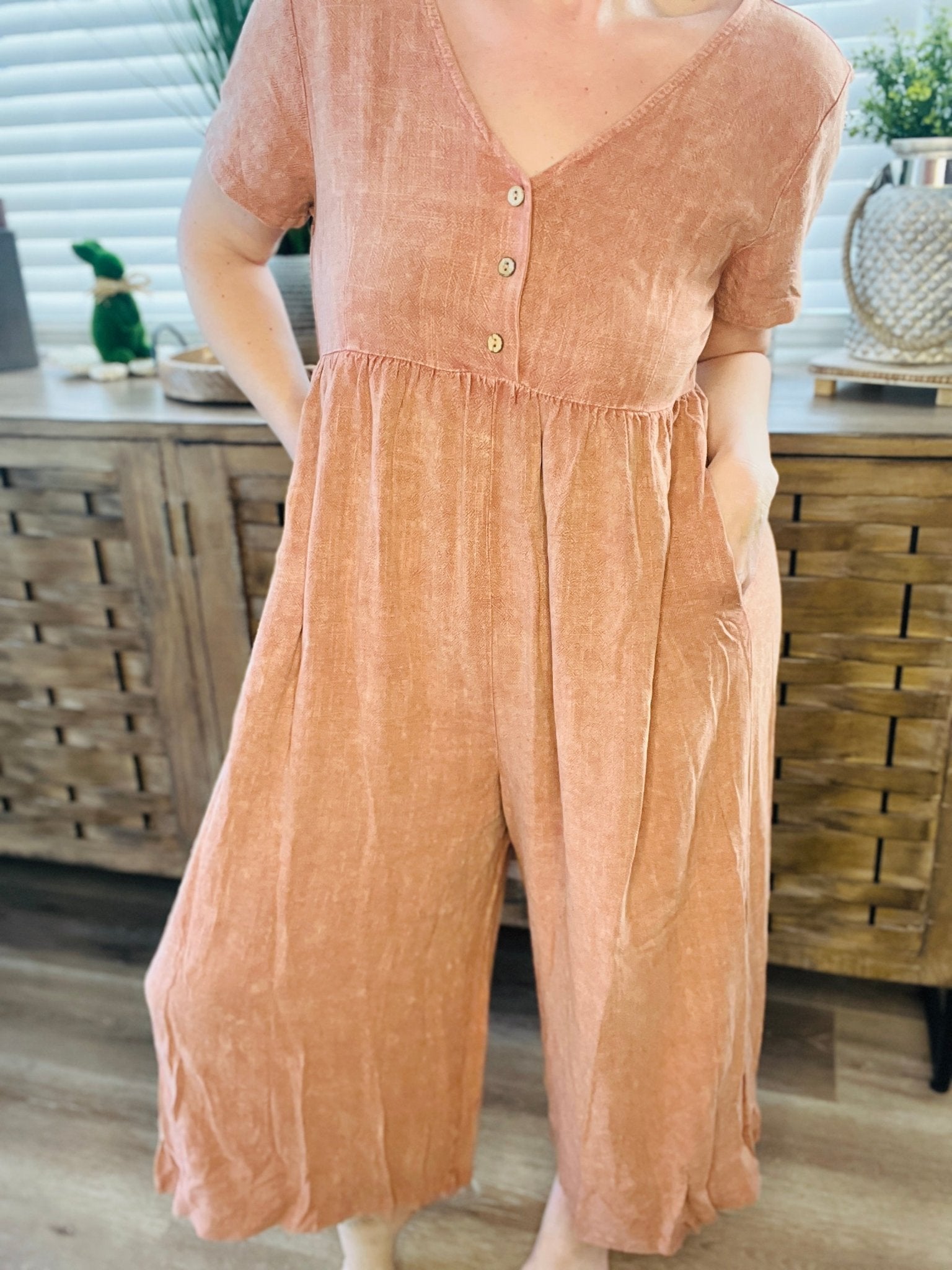 Mittoshop Mineral Wash Short Sleeve Flowy Wide Leg Jumpsuit - Roaming Gypsy Boutique