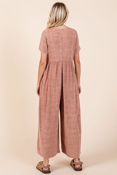 Mittoshop Mineral Wash Short Sleeve Flowy Wide Leg Jumpsuit - Roaming Gypsy Boutique