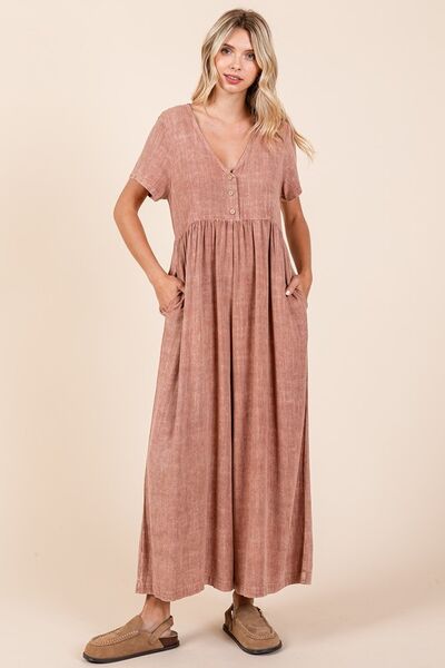 Mittoshop Mineral Wash Short Sleeve Flowy Wide Leg Jumpsuit - Roaming Gypsy Boutique