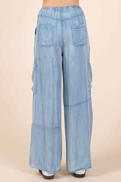 Mittoshop Washed Elastic Waist Cargo Wide Leg Pants - Roaming Gypsy Boutique