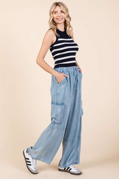Mittoshop Washed Elastic Waist Cargo Wide Leg Pants - Roaming Gypsy Boutique