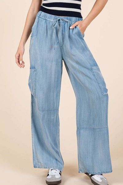 Mittoshop Washed Elastic Waist Cargo Wide Leg Pants - Roaming Gypsy Boutique