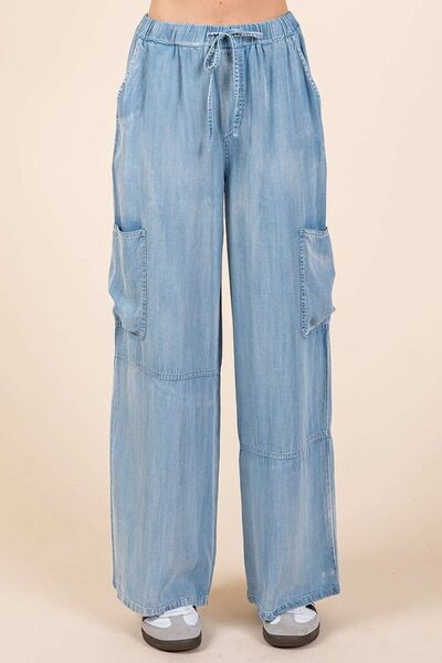 Mittoshop Washed Elastic Waist Cargo Wide Leg Pants - Roaming Gypsy Boutique