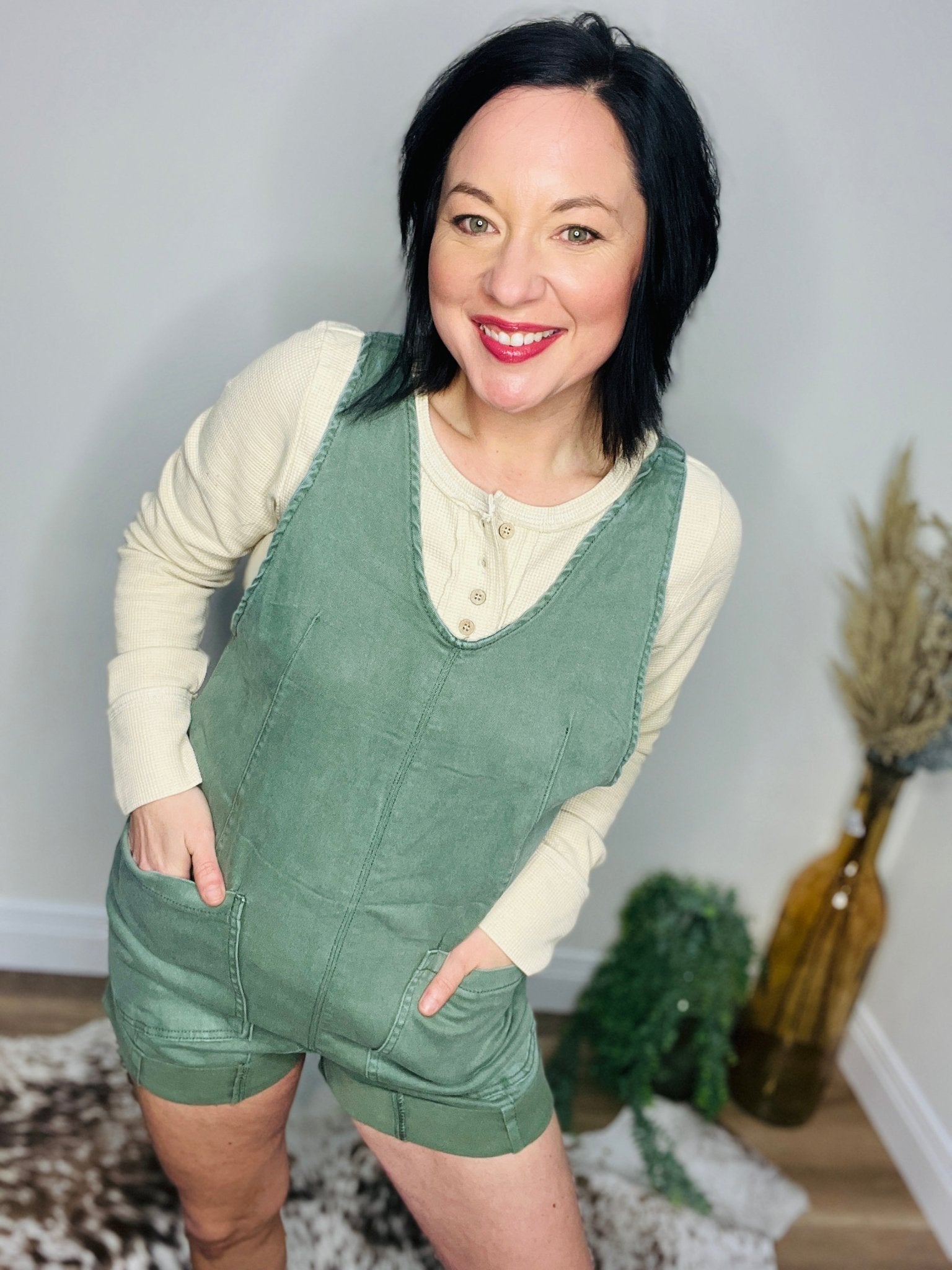 Olive Vibes Denim Romper - Roaming Gypsy Boutique