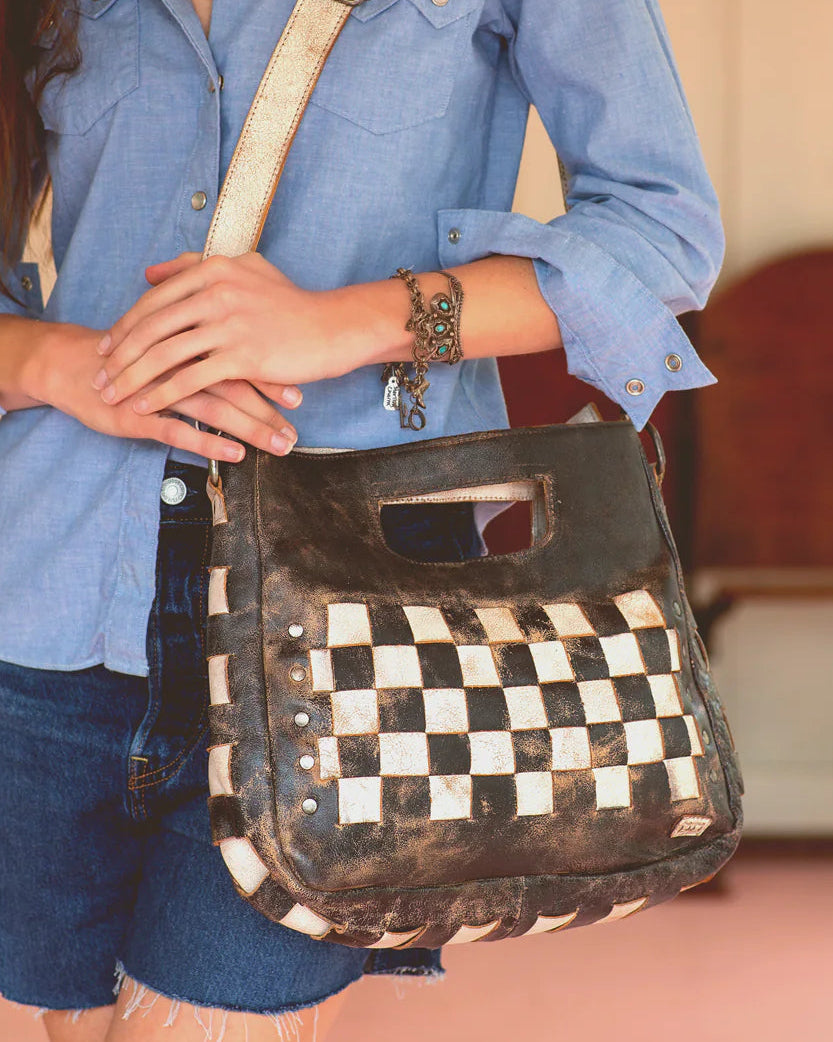 orchid black checkered bag by bedstu | leather checker print bag
