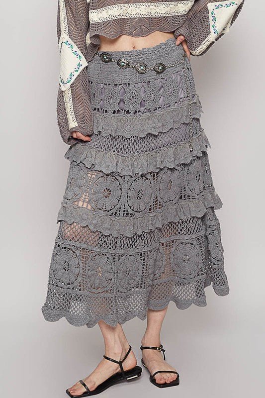 POL Crochet Lace Ruffled Midi Skirt - Roaming Gypsy Boutique