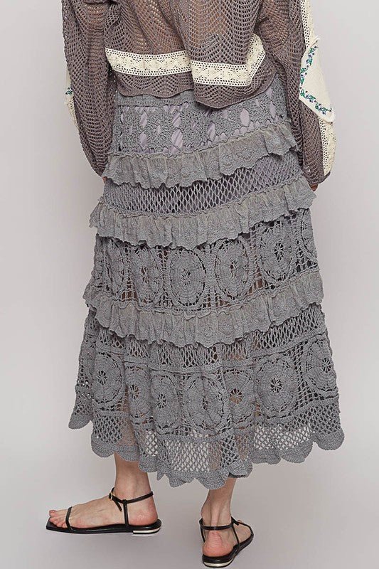 POL Crochet Lace Ruffled Midi Skirt - Roaming Gypsy Boutique