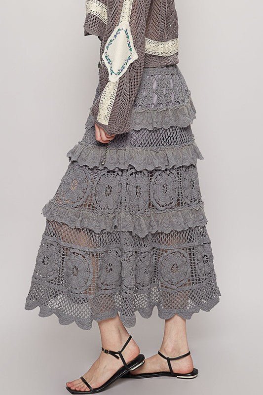 POL Crochet Lace Ruffled Midi Skirt - Roaming Gypsy Boutique