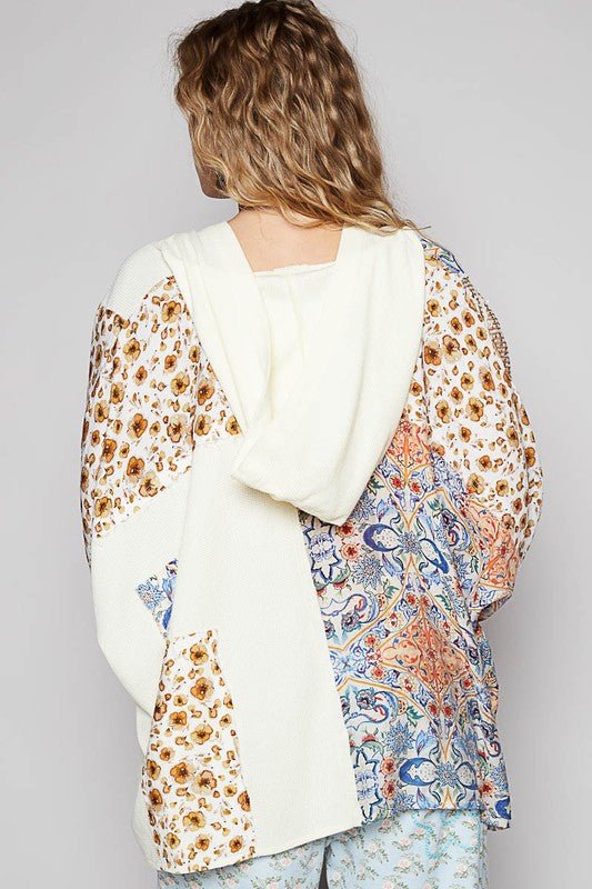 POL Crochet Patch Lace Detail Button Detail Floral Hooded Top - Roaming Gypsy Boutique