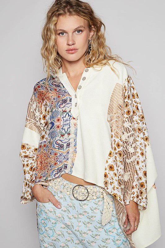 POL Crochet Patch Lace Detail Button Detail Floral Hooded Top - Roaming Gypsy Boutique