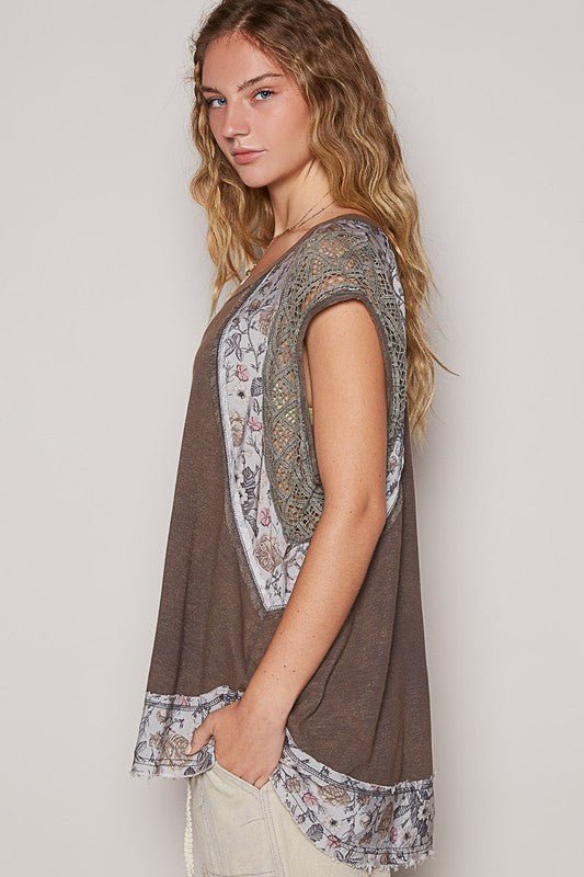 POL Floral Frayed Hem Crochet Cap Sleeve Top - Roaming Gypsy Boutique
