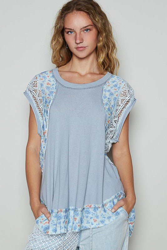 POL Floral Frayed Hem Crochet Cap Sleeve Top - Roaming Gypsy Boutique