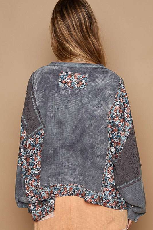 POL Floral Patchwork Round Neck Knit Sweater - Roaming Gypsy Boutique