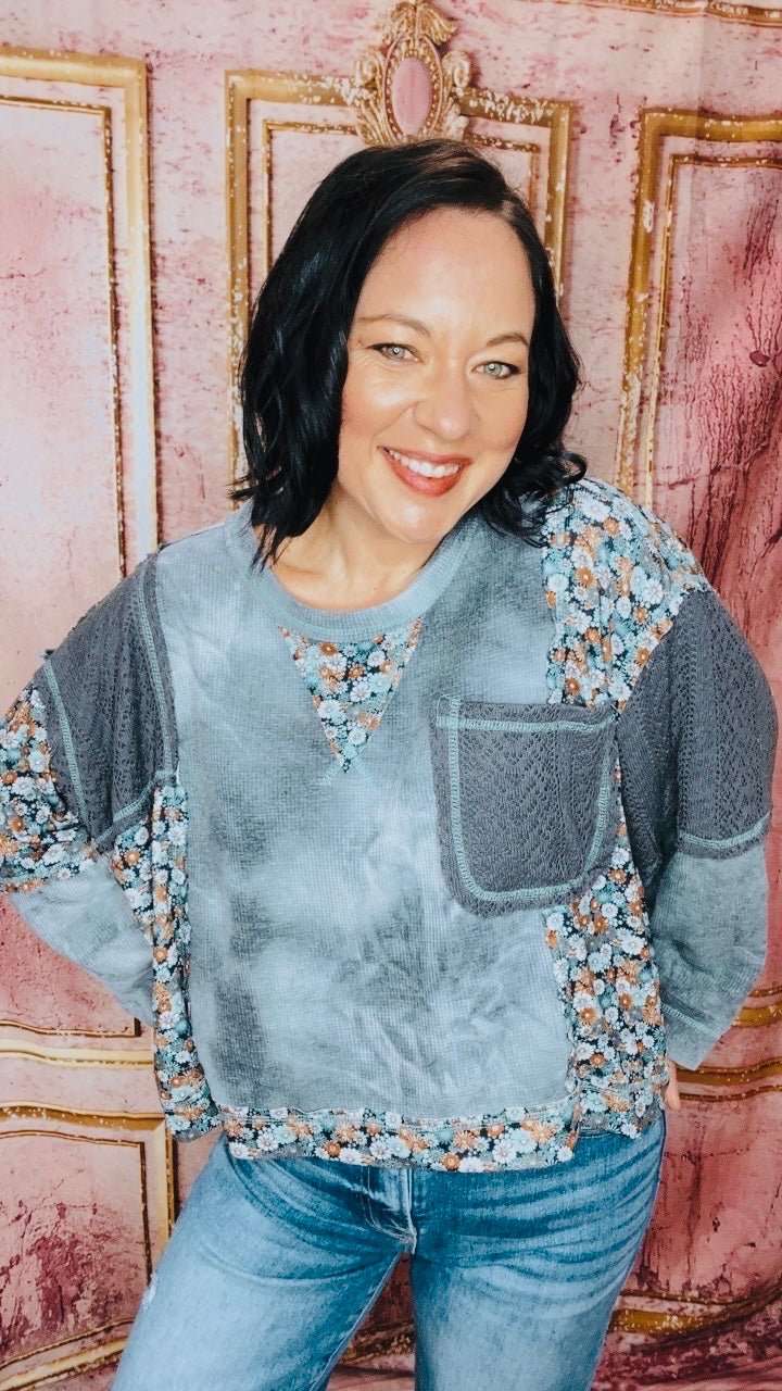 POL Floral Patchwork Round Neck Knit Sweater - Roaming Gypsy Boutique