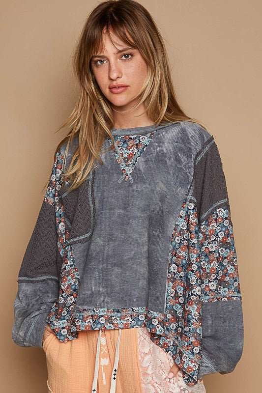 POL Floral Patchwork Round Neck Knit Sweater - Roaming Gypsy Boutique