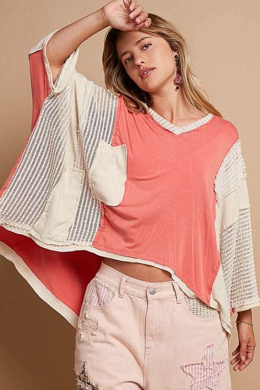 POL High - Low Contrast V - Neck Top - Roaming Gypsy Boutique