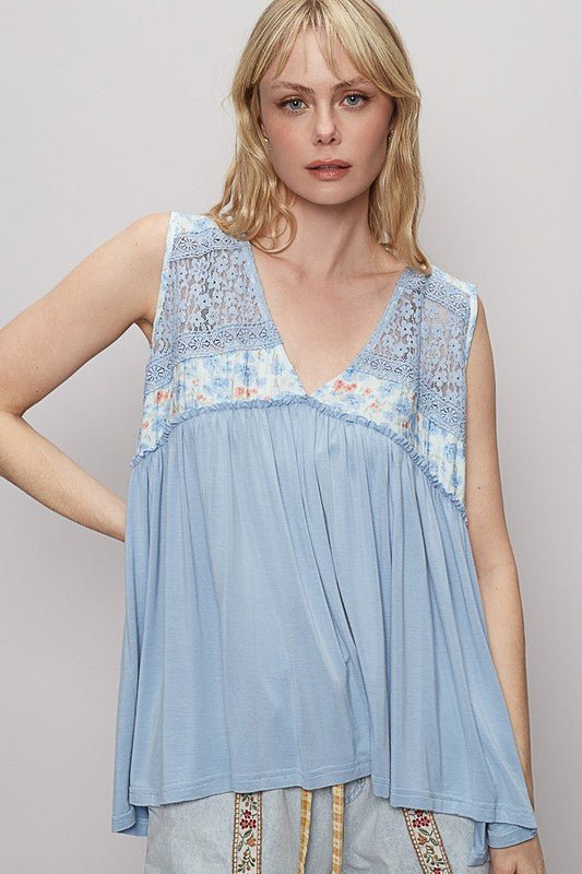 POL Lace Detail Frill Floral V - Neck Sleeveless Top - Roaming Gypsy Boutique