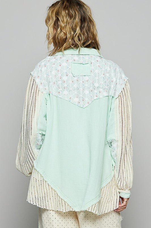 POL Lace Trim Crochet Button Up Denim Jacket - Roaming Gypsy Boutique