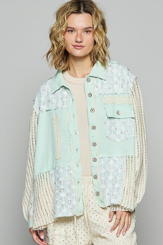 POL Lace Trim Crochet Button Up Denim Jacket - Roaming Gypsy Boutique