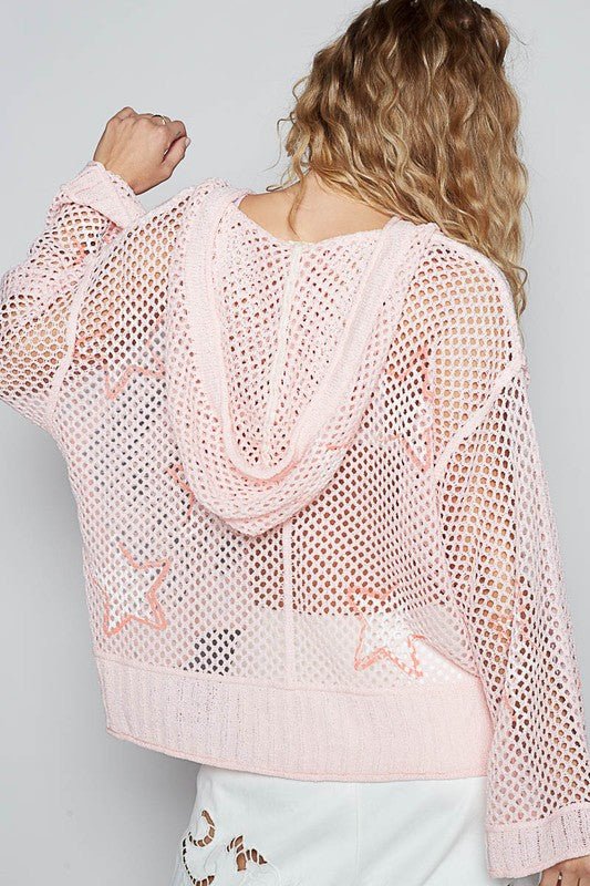 POL Star Openwork Long Sleeve Hooded Knit Cover Up - Roaming Gypsy Boutique