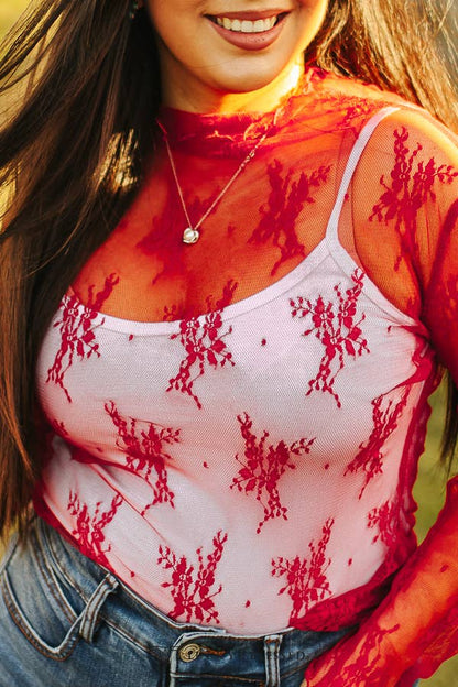 Red Floral Mesh Top 