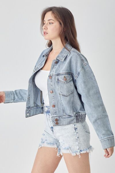 RISEN Full Size Button Down Cropped Denim Jacket - Roaming Gypsy Boutique