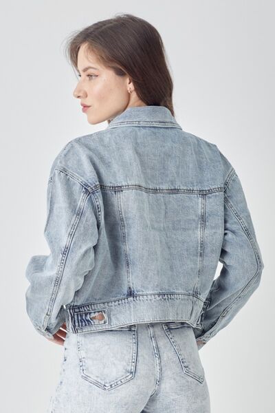 RISEN Full Size Button Down Cropped Denim Jacket - Roaming Gypsy Boutique